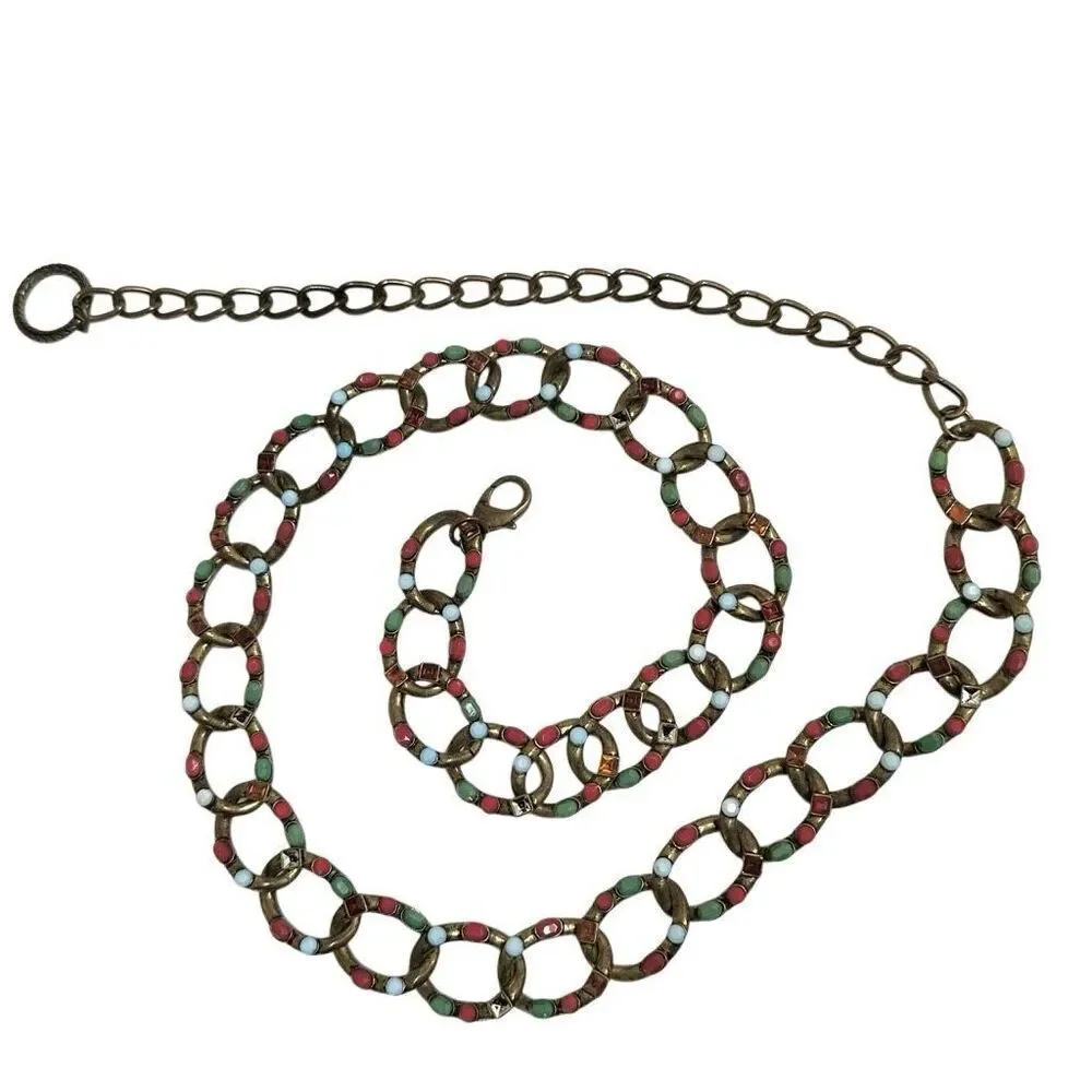 Vintage antiqued gold tone jeweled adjustable chain belt